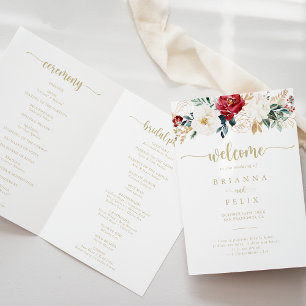 Classic Gold Burgundy White Floral Folded Wedding  Program