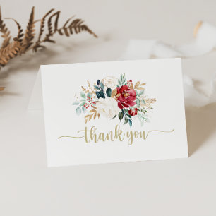 Classic Gold Burgundy White Floral Folded Wedding  Thank You Card