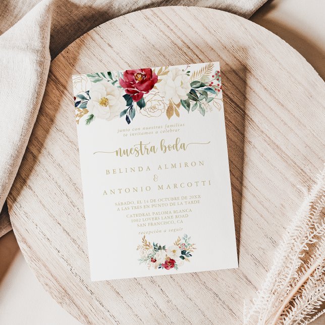 Classic Gold Burgundy White Floral Nuestra Boda Invitation (Creator Uploaded)