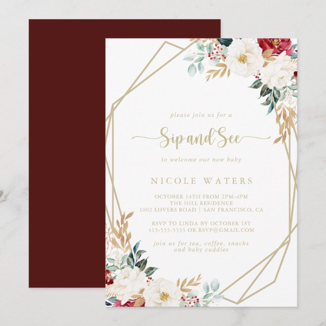 Classic Gold Burgundy White Floral Sip and See  Invitation (Front/Back)