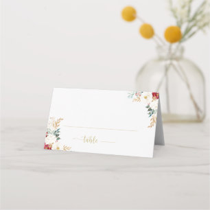 Classic Gold Burgundy White Floral Wedding  Place Card