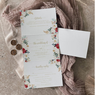 Classic Gold Burgundy White Floral Wedding Tri-Fold Invitation