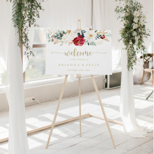 Classic Gold Burgundy White Floral Wedding Welcome Poster