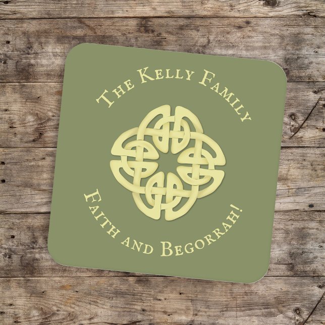 Classic Gold Celtic Cross Faith and Begorrah Square Paper Coaster (Creator Uploaded)