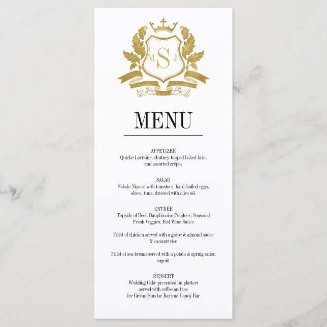 Classic Gold Crest Wedding Menu Card (Front)