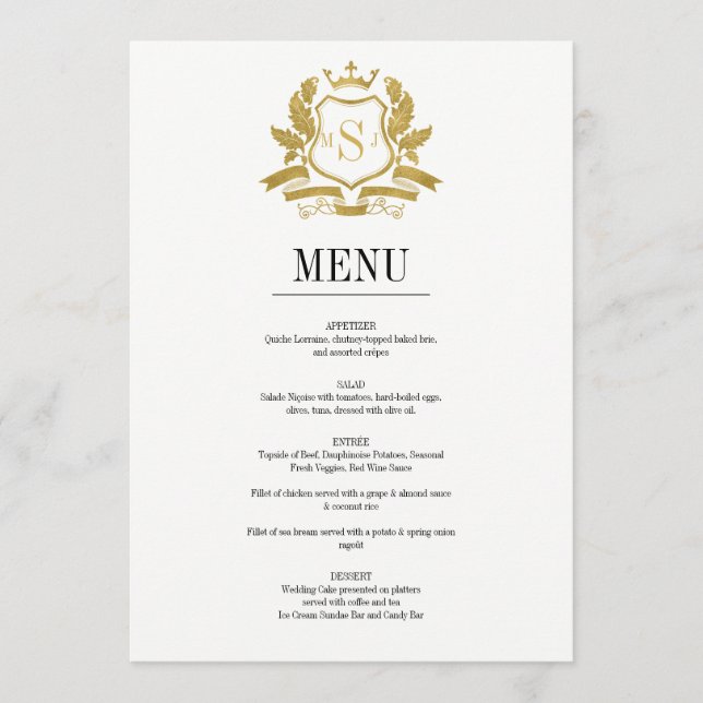 Classic Gold Crest Wedding Menu Card (Front)