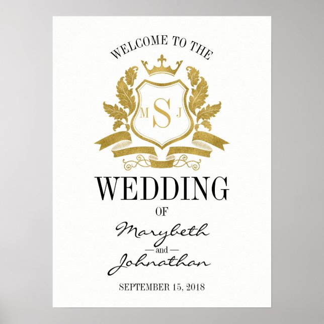 Classic Gold Crest Wedding Welcome Poster Sign (Front)