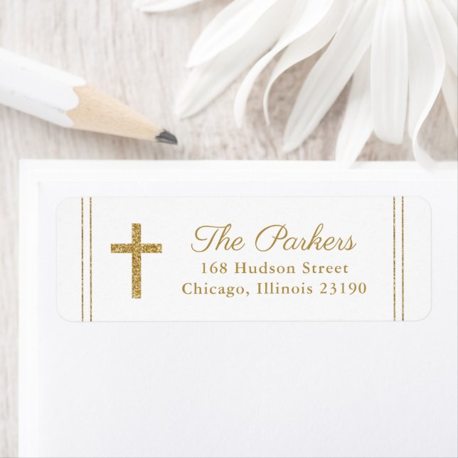 Classic gold  cross baptism return address label (Insitu)