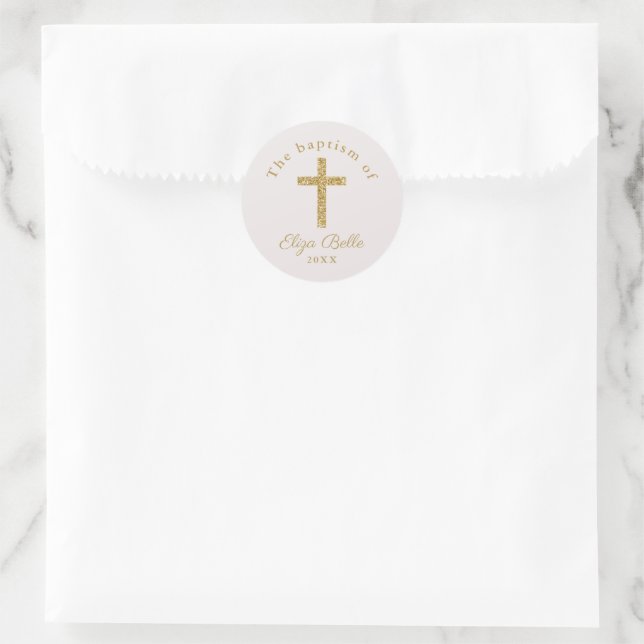 Classic Gold Cross Baptism Round Sticker (Bag)