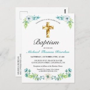 Classic Gold Cross Boy's Blue Baptism Invitation Postcard