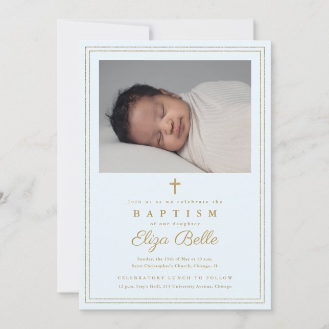 Classic Gold Cross Religious Baptism & Christening Invitation (Front)