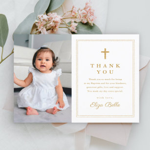 Classic Gold Cross Religious Photo Baptism Thank You Card