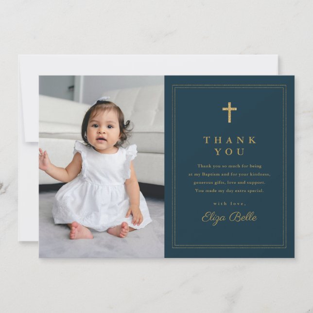 Classic Gold Cross Religious Photo Baptism Thank You Card (Front)