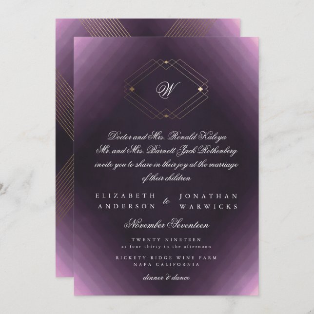 Classic Gold Deco Purple Calligraphy Monogram Invitation (Front/Back)