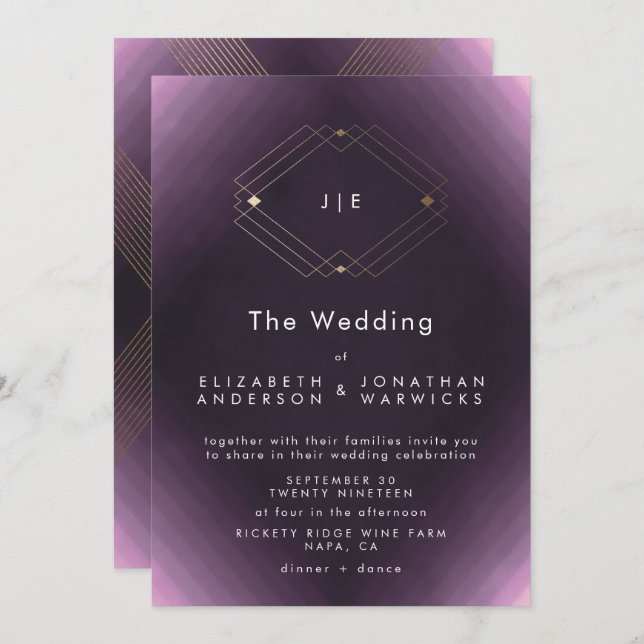 Classic Gold Deco Purple Calligraphy Monogram Invitation (Front/Back)