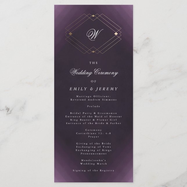 Classic Gold Deco Purple Calligraphy Monogram Program (Front)