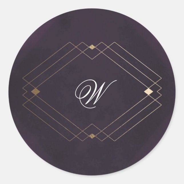 Classic Gold Deco Purple Calligraphy Monogram Round Sticker (Front)