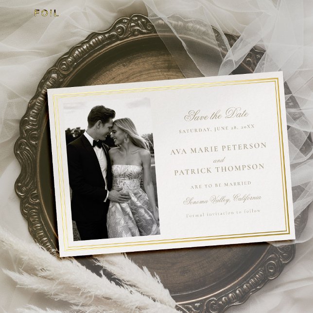 Classic Gold Double Frame Photo Wedding Save Date (wedding photo save the date gold double frame formal modern classic traditional stately royal)