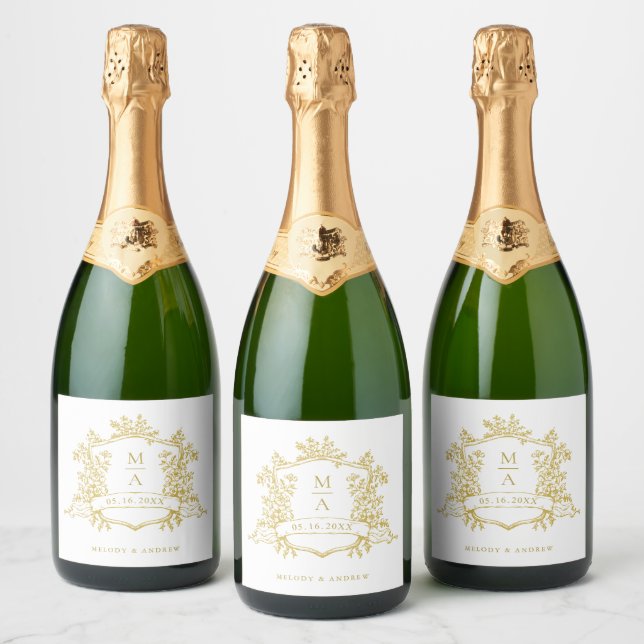 Classic Gold Floral Crest Monograms Wedding Sparkling Wine Label (Bottles)