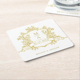 Classic Gold Floral Crest Monograms Wedding  Square Paper Coaster