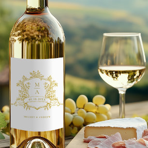 Classic Gold Floral Crest Monograms Wedding Wine Label