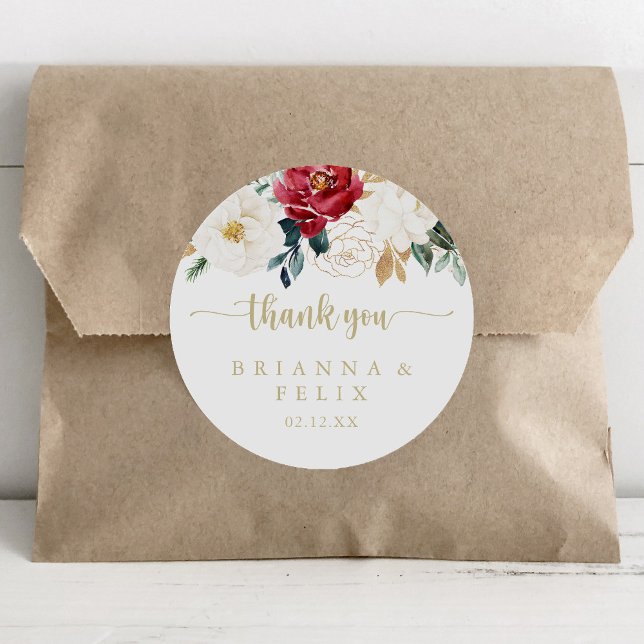 Classic Gold Floral Thank You Wedding Favour Classic Round Sticker (Creator Uploaded)