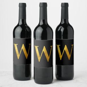 Classic Gold Foil Monogram W on Black Wine Label