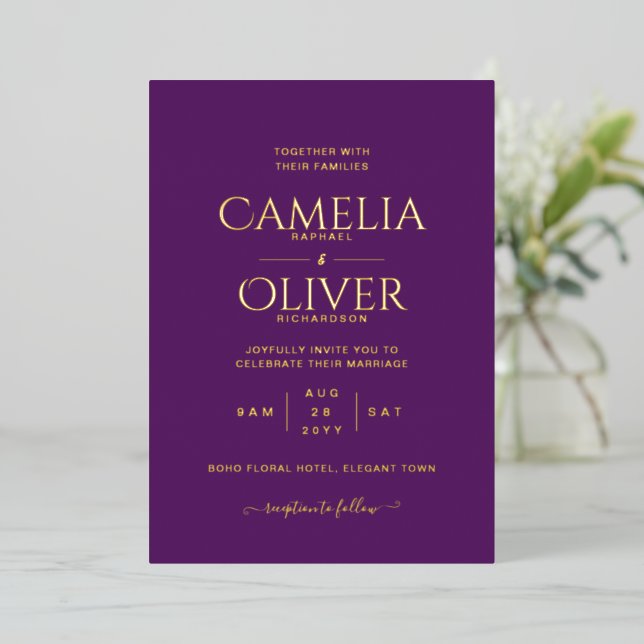 Classic GOLD FOIL Text Plum Purple Wedding Elegant (Standing Front)