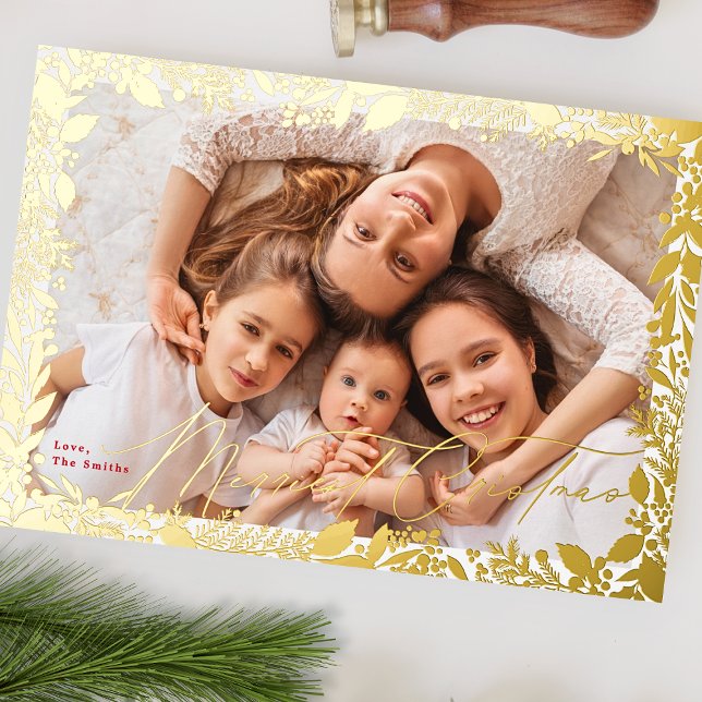 classic gold frame Merriest Christmas One Photo Foil Holiday Card (Creator Uploaded)