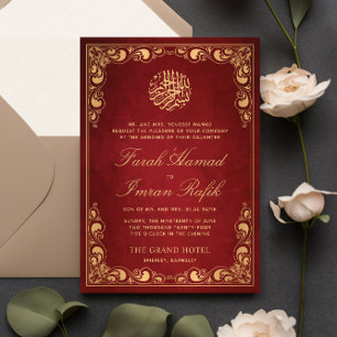 Classic Gold Frame Red Islamic Muslim Wedding Invitation