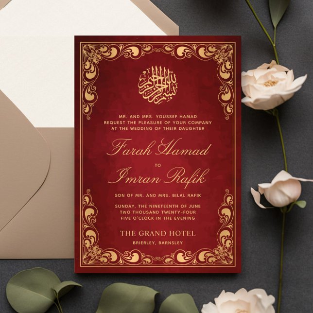 Classic Gold Frame Red Islamic Muslim Wedding Invitation (Creator Uploaded)