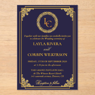 Classic Gold Frame Royal Monogram Wedding Acrylic Invitations