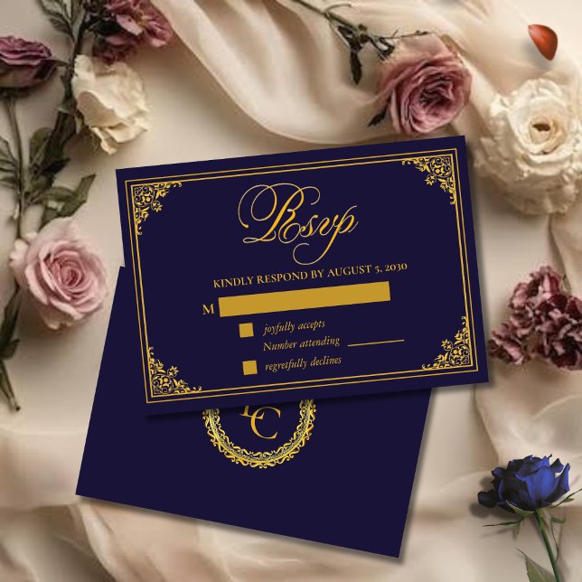 Classic Gold Frame Royal Monogram Wedding RSVP Card (Creator Uploaded)