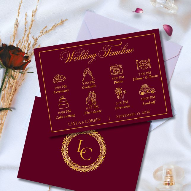 Classic Gold Frame Royal Monogram Wedding Timeline Enclosure Card (Creator Uploaded)