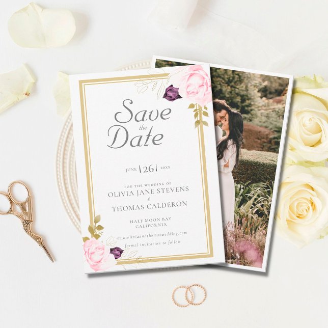 Classic Gold Frame Rustic Photo Wedding Save Date Invitation (Creator Uploaded)