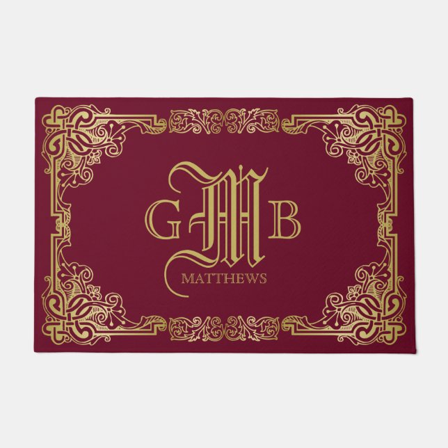 Classic Gold Frame Wedding Monogram Burgundy Doormat (Front)