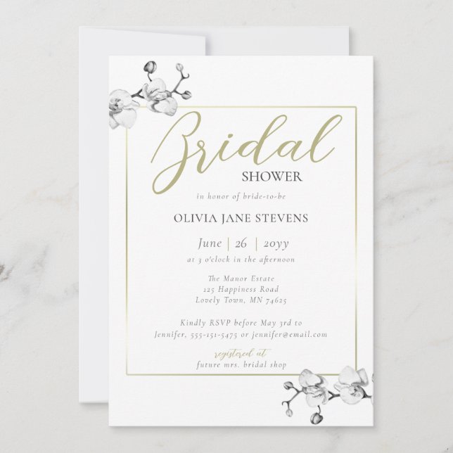 Classic Gold Frame White Orchid BW Bridal Shower Invitation (Front)