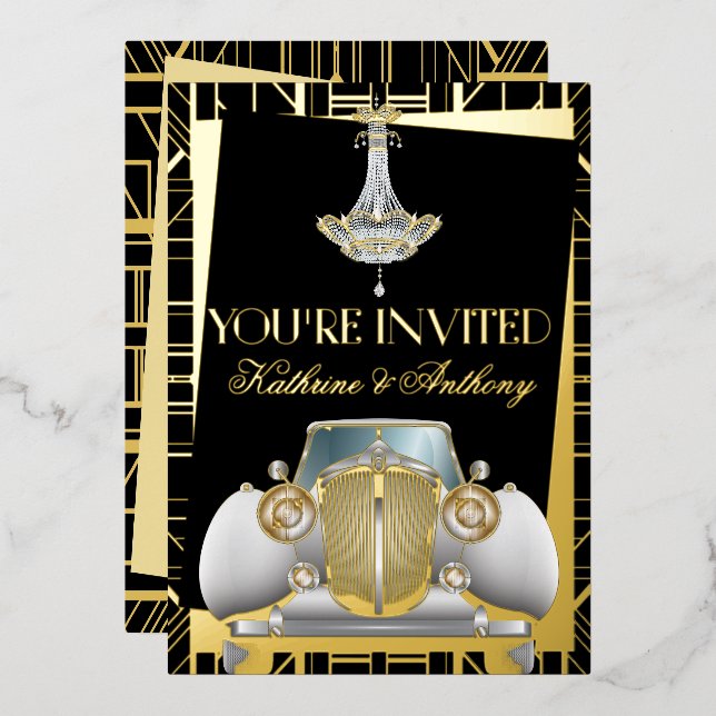 Classic GOLD Gatsby Deco Wedding  Foil Invitation (Front/Back)