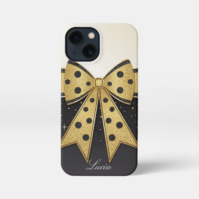 Classic Gold Glitter Bow Black Polka Dots Design iPhone Case (Back)