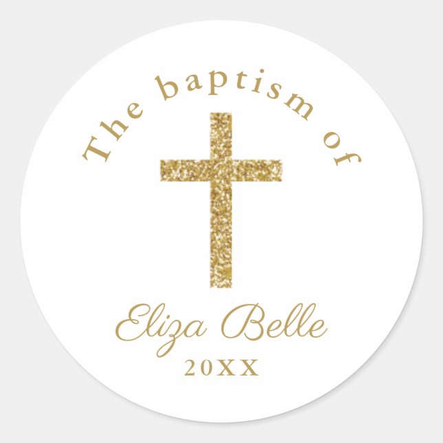 Classic Gold Glitter Cross Baptism Classic Round Sticker (Front)
