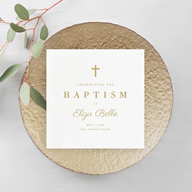 Classic Gold Glitter Cross Baptism Napkin (Elegant gold baptism napkin with script typography and simple cross. )