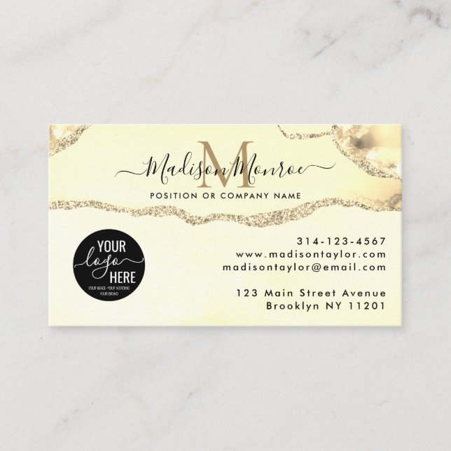 Classic Gold Glitter Custom Logo Agate Monogram Business Card (Front)