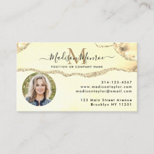 Classic Gold Glitter Logo Photo Agate Monogram Business Card