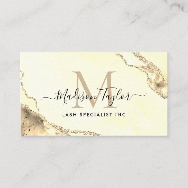 Classic Gold Glitter Marble Agate Monogram QR Business Card (Front)