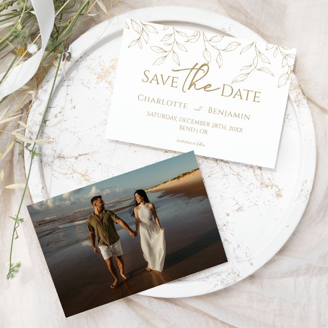 Classic Gold Greenery Wedding Photo Save the Date (Creator Uploaded)