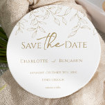 Classic Gold Greenery Wedding Round Save the Date<br><div class="desc">Introducing our Classic Gold Greenery Wedding Round Save the Date Design- meticulously designed to embody a modern romantic aesthetic. Featuring a classic blend of clean white backgrounds with delicate golden leaves gracefully complemented by a simple calligraphy script paired with an understated serif font. The result is a perfectly polished feel...</div>