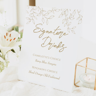 Classic Gold Greenery Wedding Signature Drinks Pedestal Sign