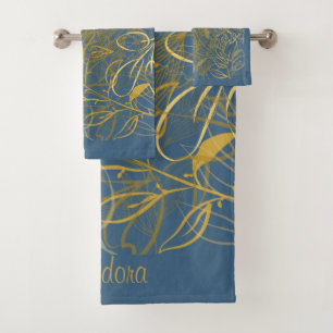 Classic Gold Leaf Blue Background Bath Towel Set