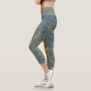 Classic Gold Leaf Blue Background Capri Leggings