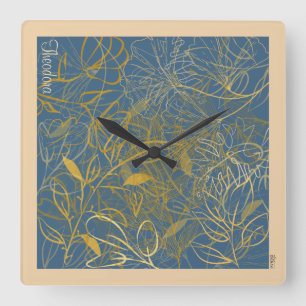 Classic Gold Leaf Blue Background Square Wall Clock